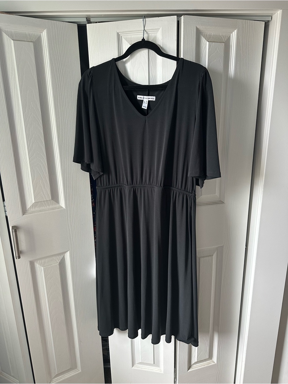 Everyday Black V-Neck Midi Dress with Flutter Sleeves